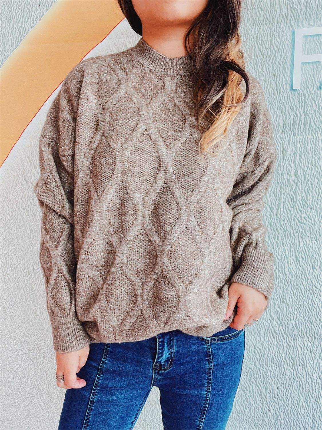 Diamond Round Neck Long Sleeve Sweater - Trendsi - Flyclothing LLC