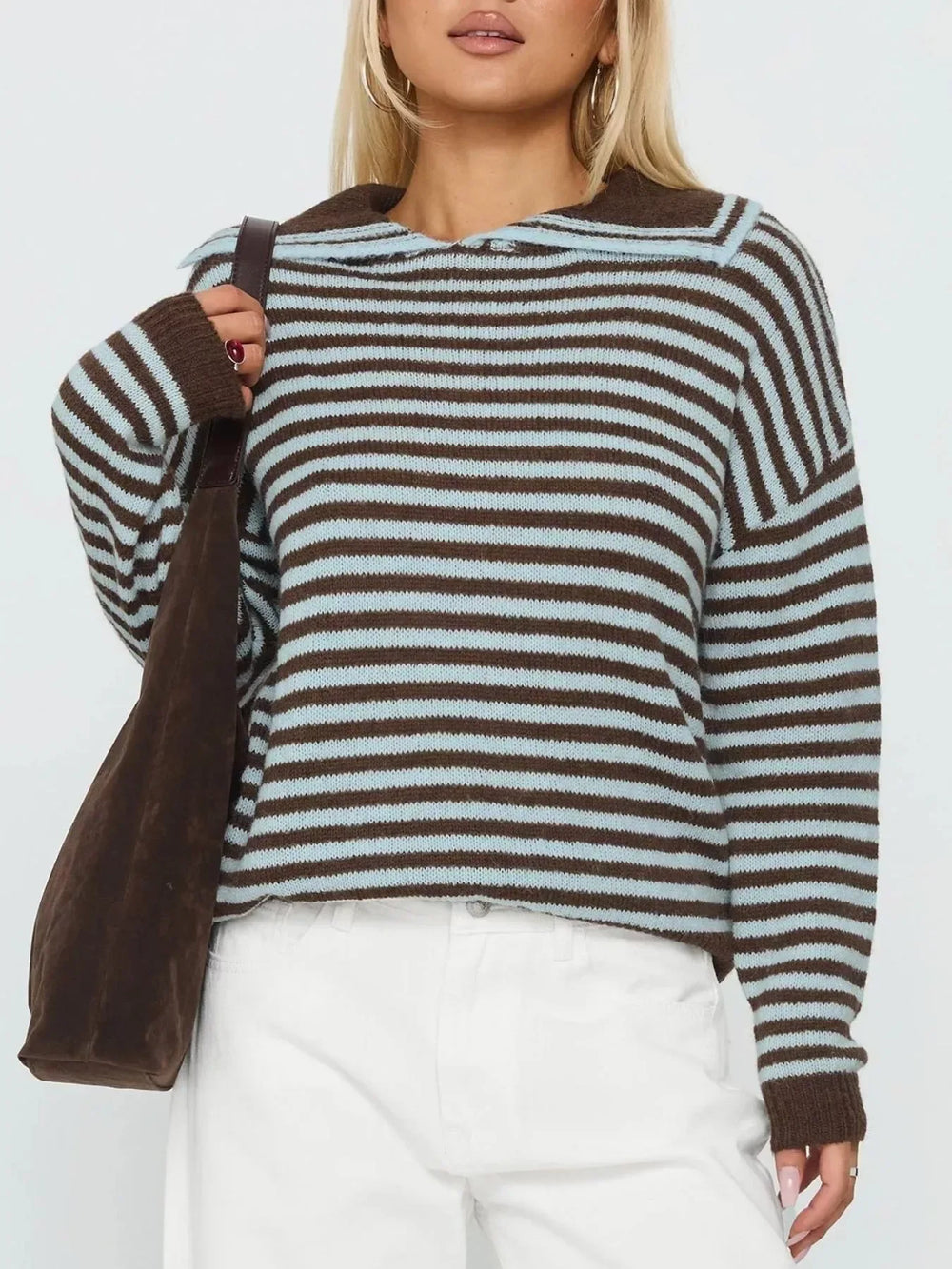 Striped Knit Dropped Shoulder Sweater - Trendsi - Flyclothing LLC