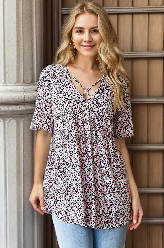 Heimish Full Size Short Sleeve Crisscross Animal Babydoll Top Plus Size - Trendsi - Flyclothing LLC