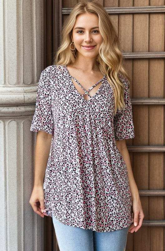 Heimish Full Size Short Sleeve Crisscross Animal Babydoll Top Plus Size - Trendsi - Flyclothing LLC