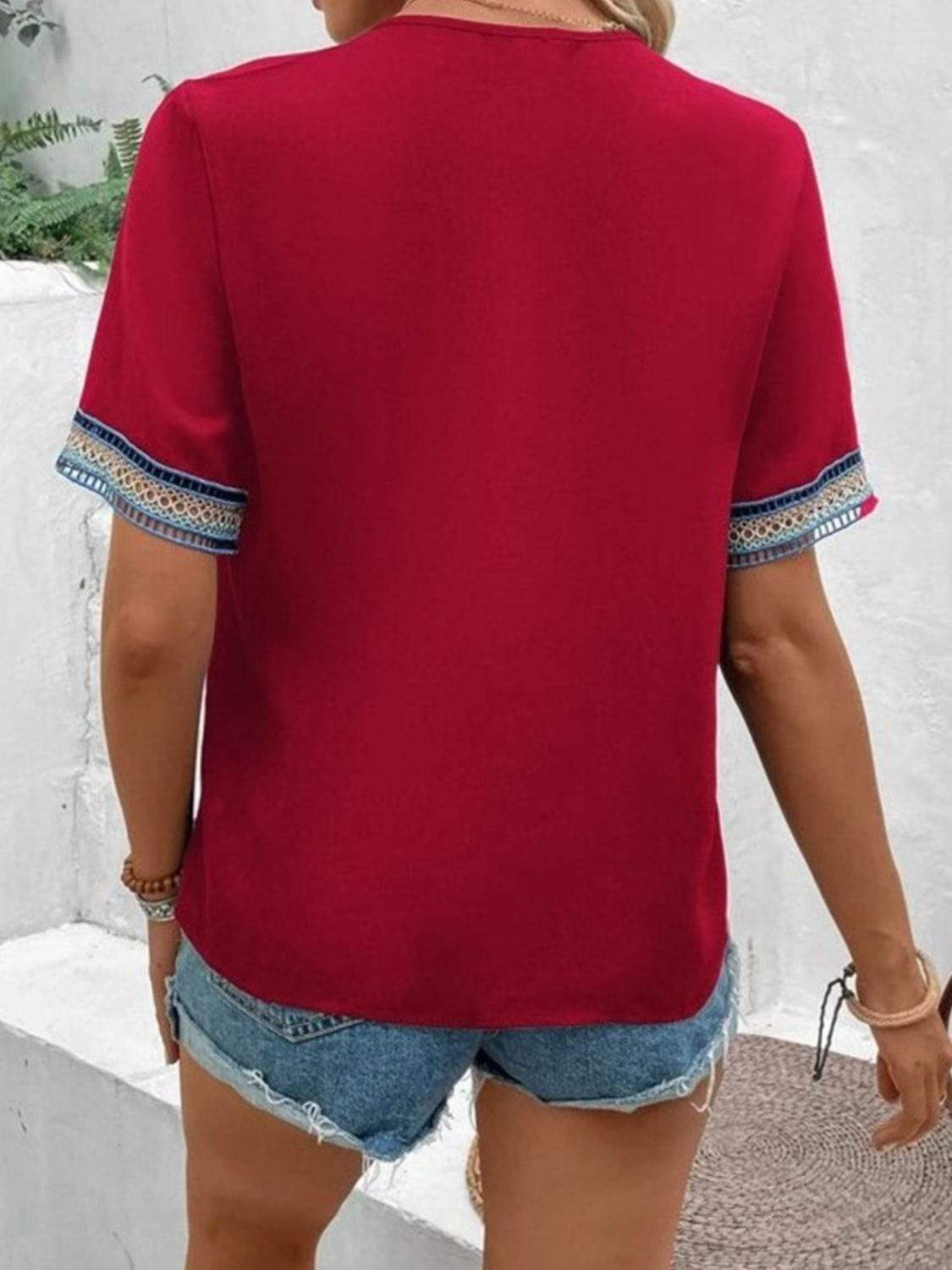 Full Size V-Neck Short Sleeve Blouse - Trendsi - Flyclothing LLC