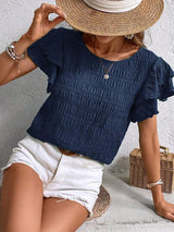 Round Neck Flounce Sleeve Blouse - Trendsi - Flyclothing LLC