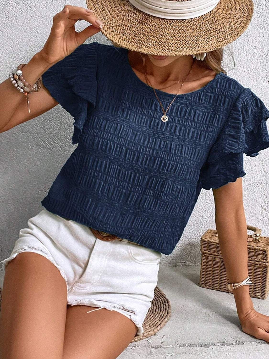 Round Neck Flounce Sleeve Blouse - Trendsi - Flyclothing LLC