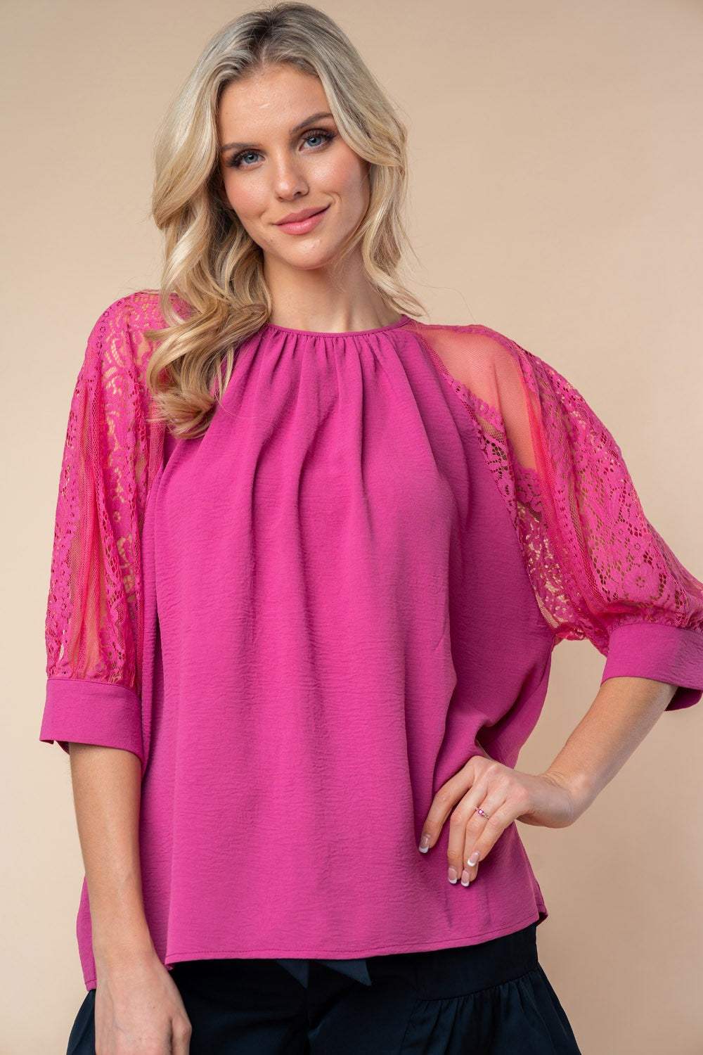 White Birch Round Neck Lace Half Sleeve Blouse - Trendsi - Flyclothing LLC