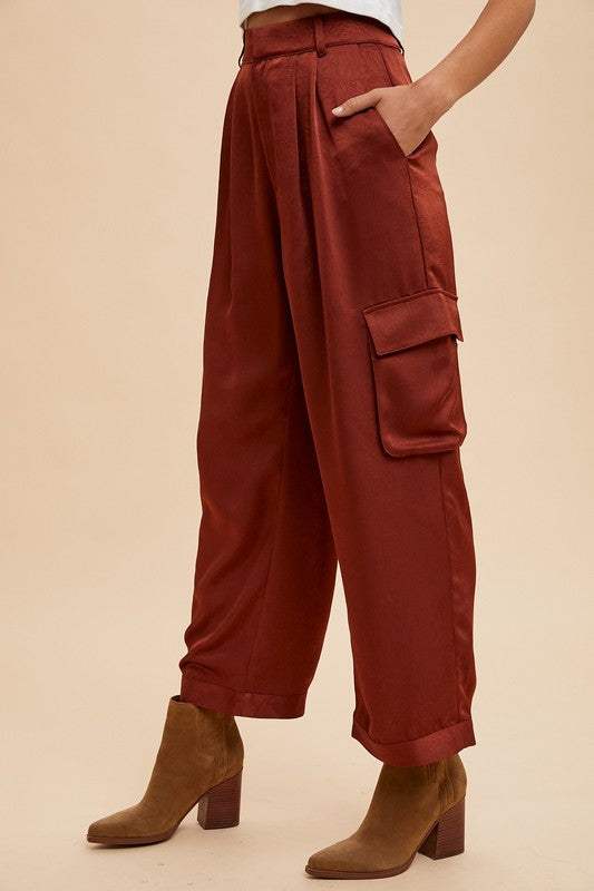 Annie Wear Wide Leg Cargo Satin Pants - Trendsi - Flyclothing LLC