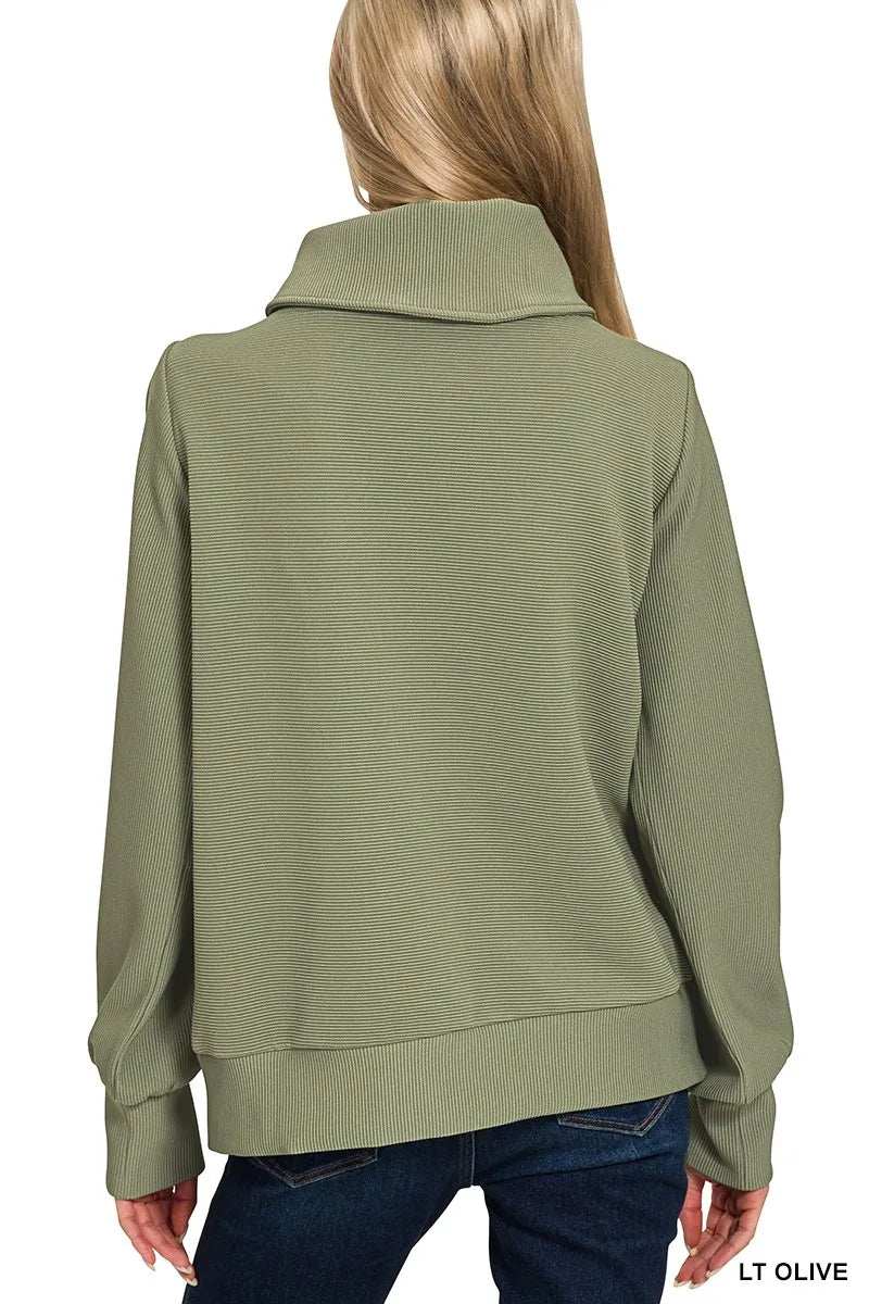 Zenana Ribbed High Neck Half Zip Pullover & Pants Set - Trendsi - Flyclothing LLC