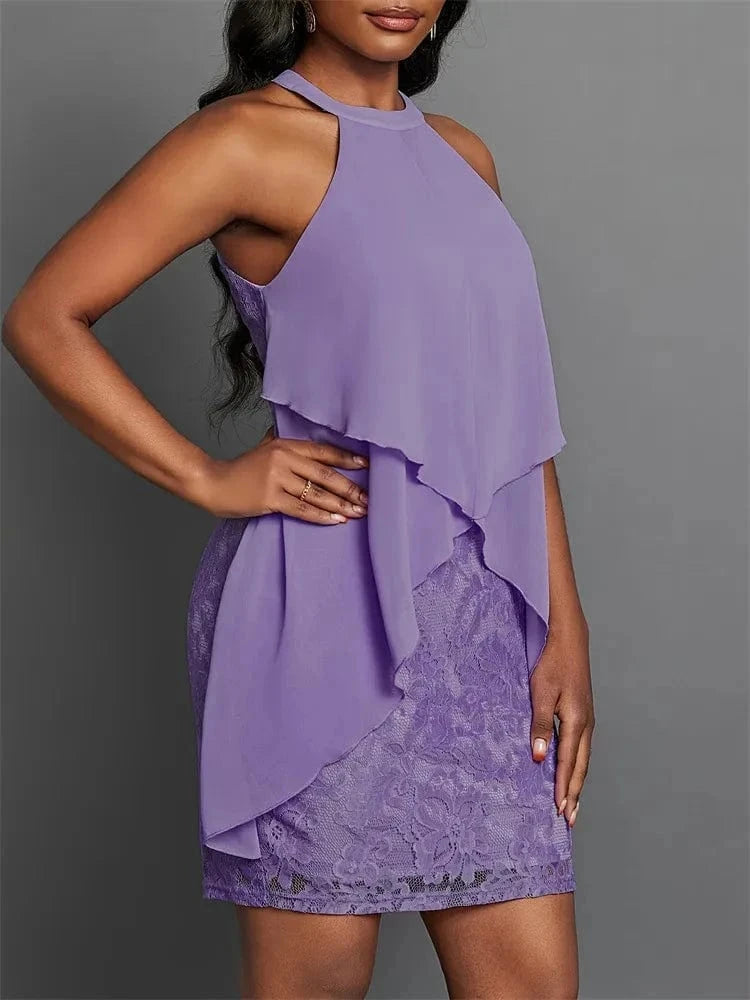 Halter Neck Layered Lace Mini Dress - Trendsi