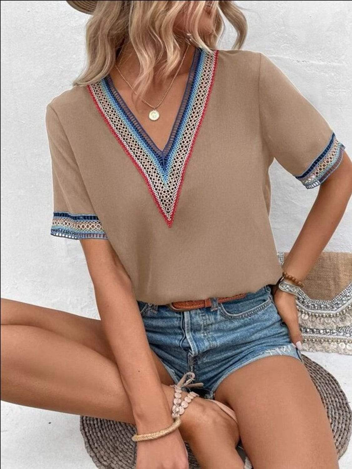Full Size V-Neck Short Sleeve Blouse - Trendsi - Flyclothing LLC