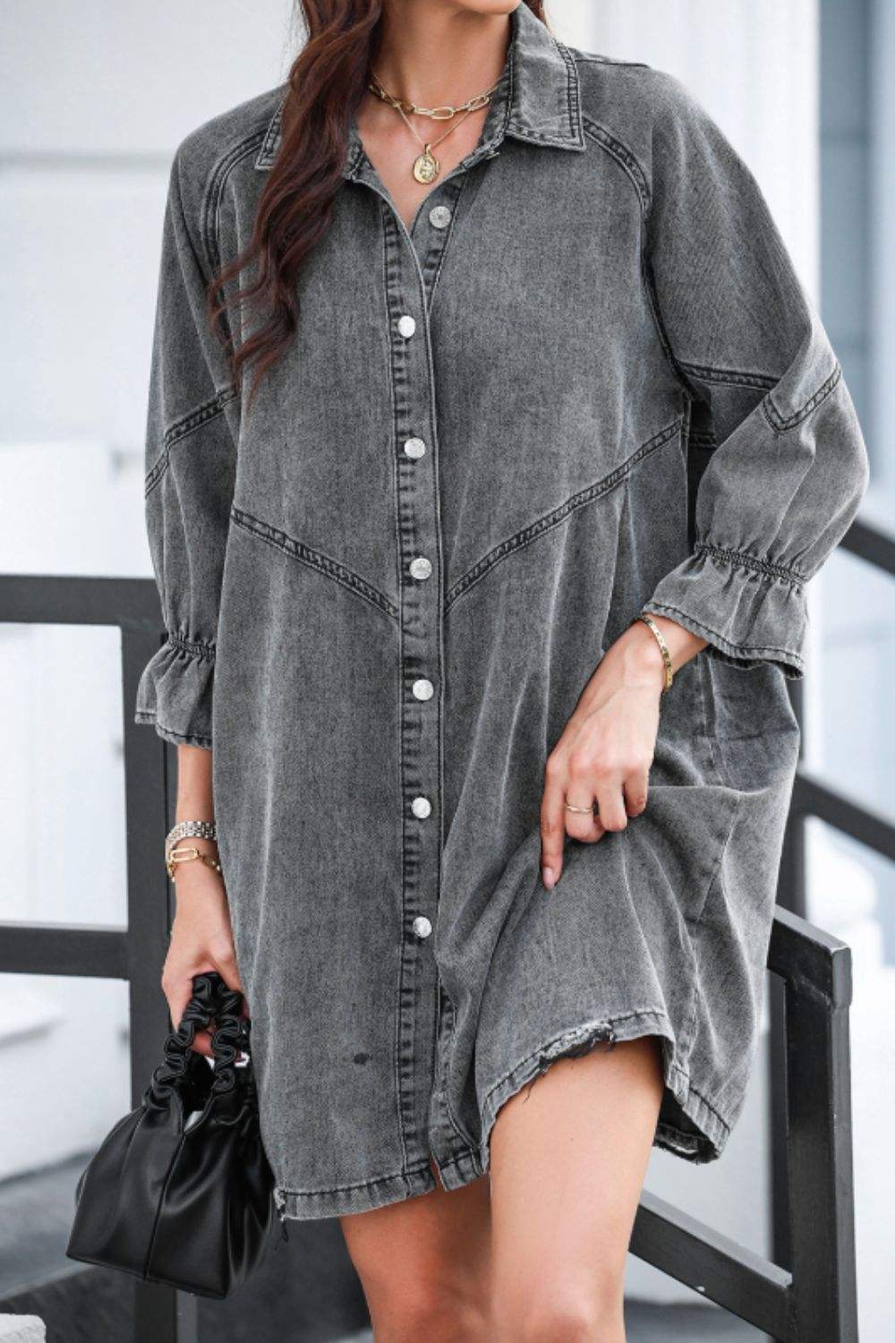 Distressed Collared Neck Flounce Sleeve Denim Dress - Trendsi - Flyclothing LLC