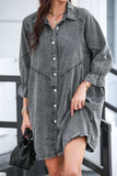 Distressed Collared Neck Flounce Sleeve Denim Dress - Trendsi - Flyclothing LLC
