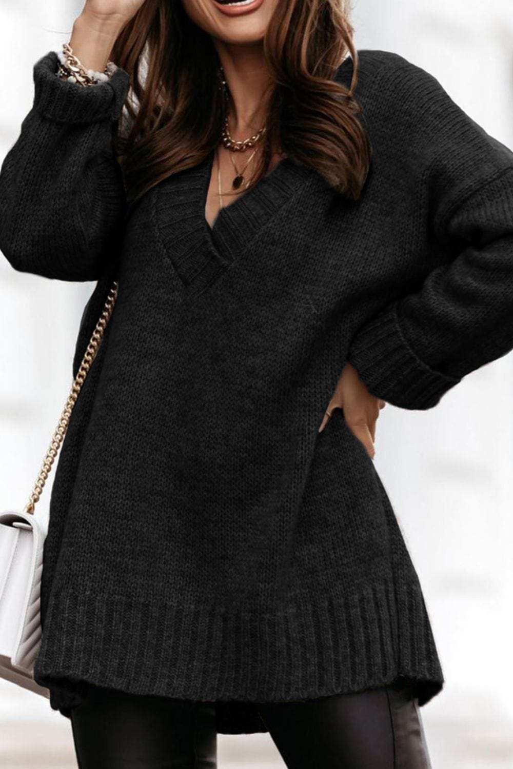 V-Neck Dropped Shoulder Sweater - Trendsi - Flyclothing LLC