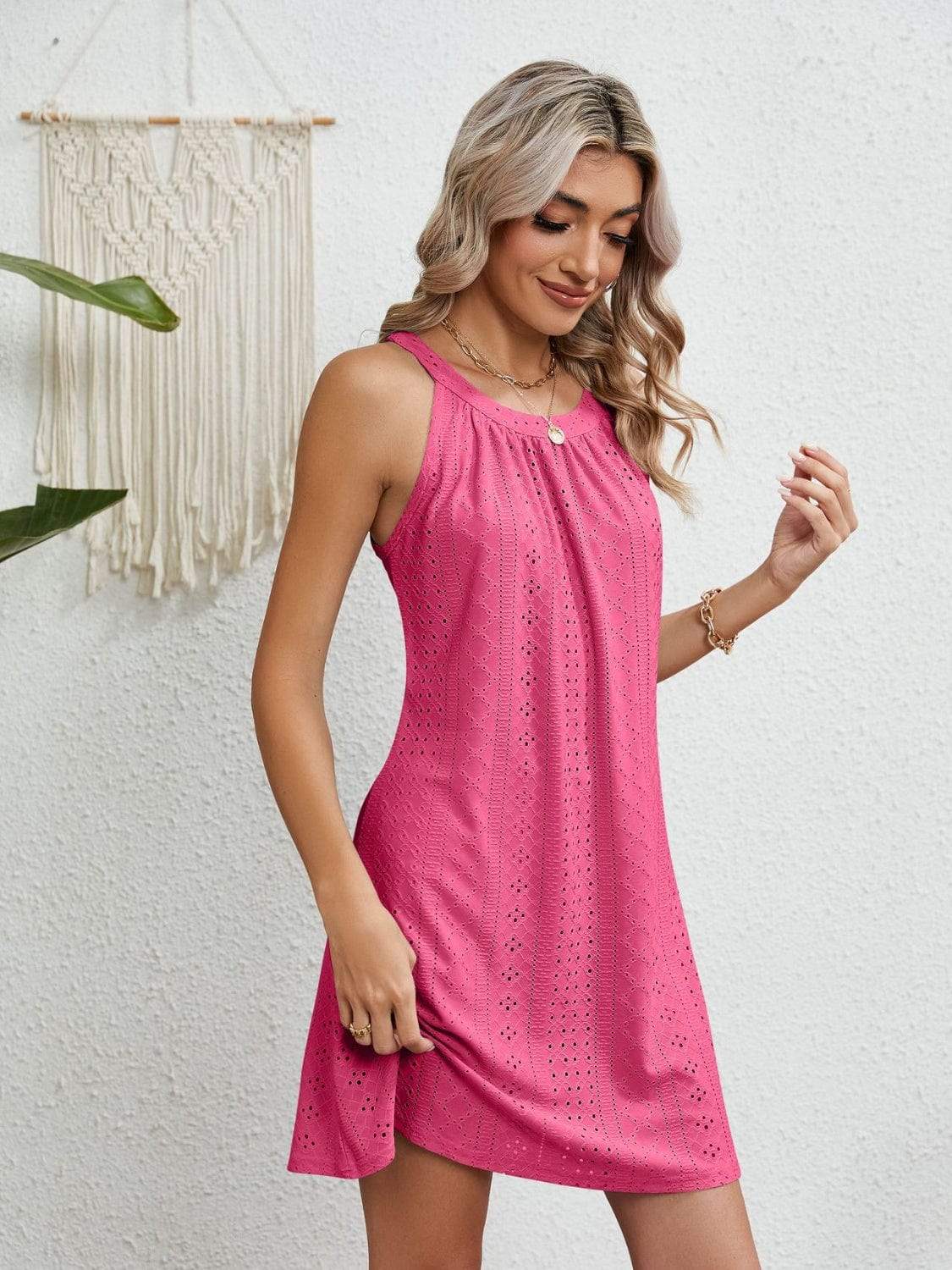 Eyelet Grecian Neck Mini Dress - Trendsi - Flyclothing LLC