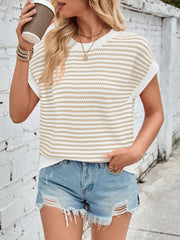 Lovelet Striped Round Neck Cap Sleeve Sweater - Trendsi
