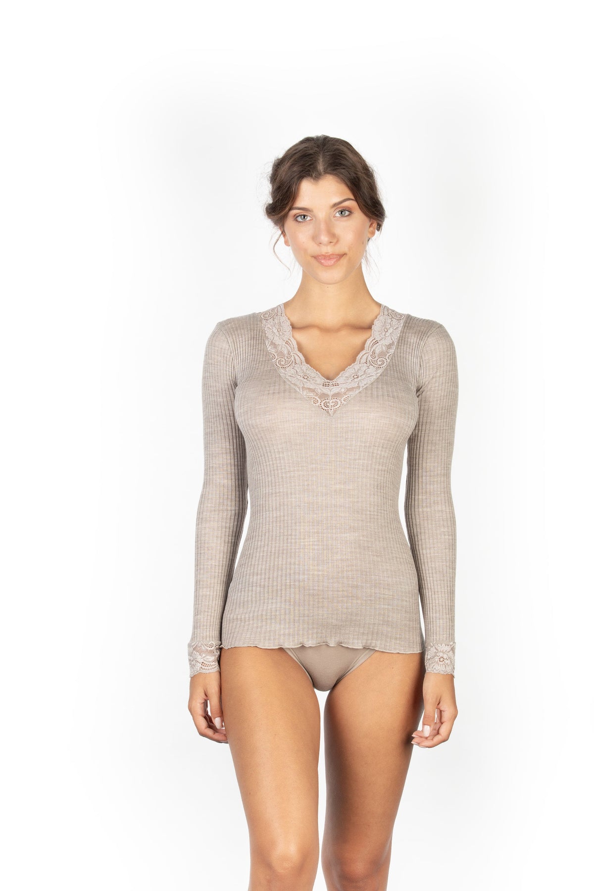 EGI Exclusive Merino Wool Blend Top V-Neck Lace Trim Long Sleeves. Proudly Made in Italy (303) - tittimitti - Flyclothing LLC