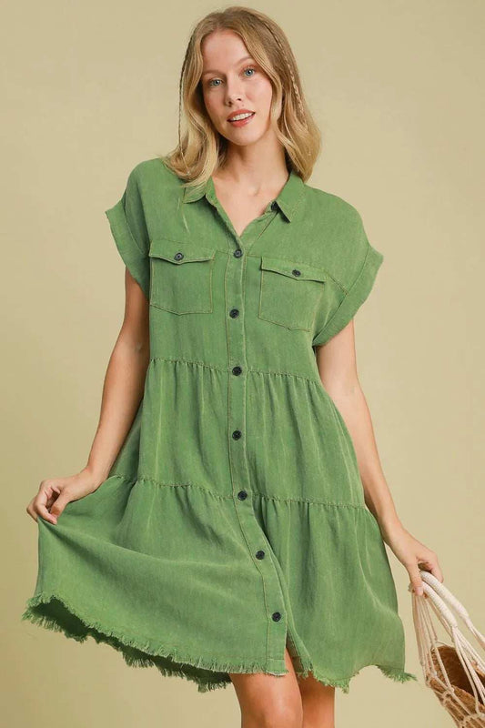 Umgee Full Size Frayed Hemline Button Down Shirt Dress Plus Size - Trendsi - Flyclothing LLC
