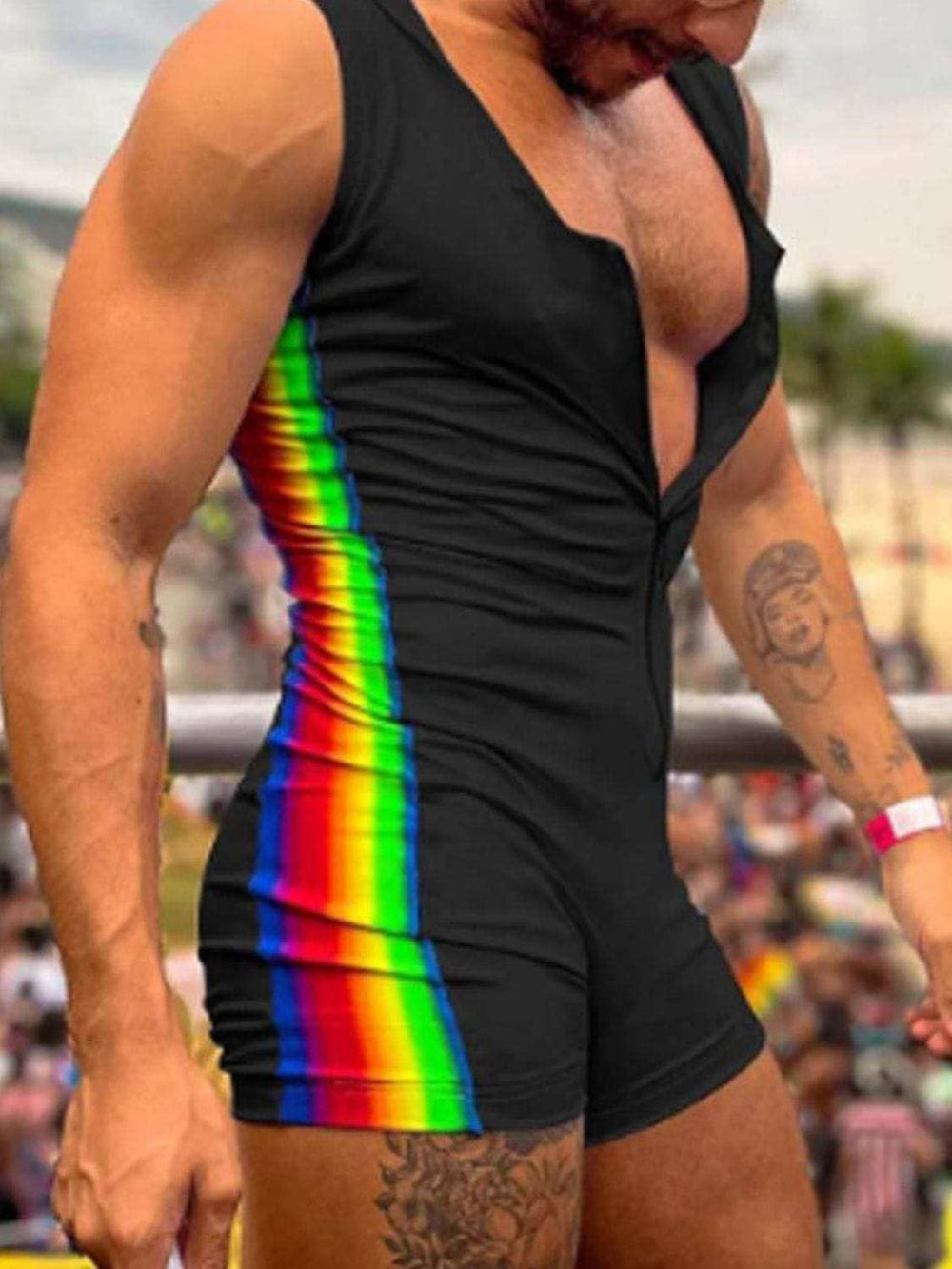 Men's Full Size Contrast Zip Front Sleeveless Active Romper Plus Size - Trendsi - Flyclothing LLC