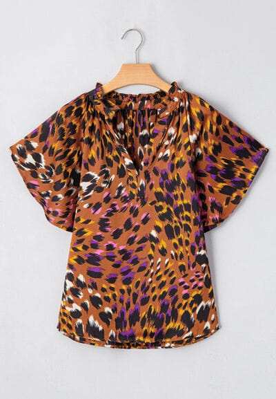 Leopard Notched Short Sleeve Blouse - Trendsi - Flyclothing LLC