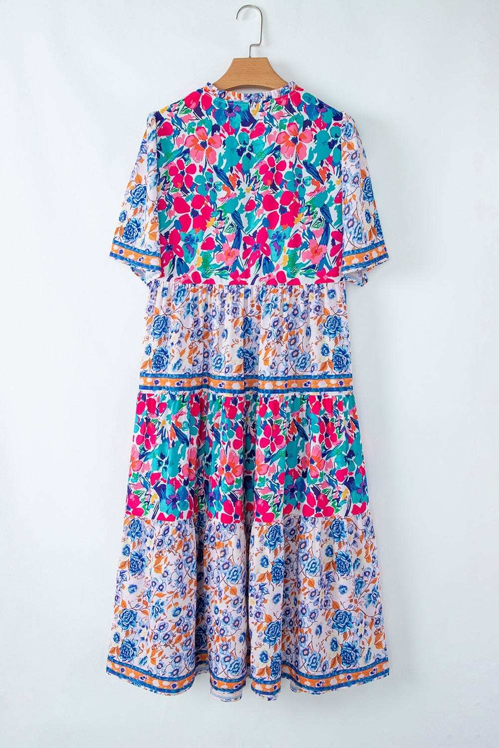 Mixed Floral Print Tie Neck Short Sleeve Dress - Trendsi - Flyclothing LLC