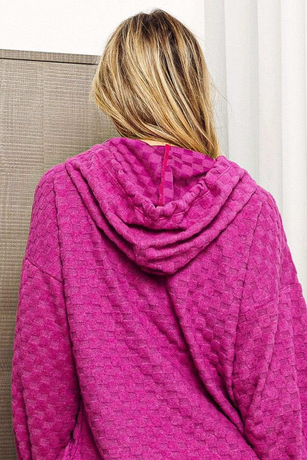 BiBi Brushed Checker Drawstring Long Sleeve Hoodie - Trendsi - Flyclothing LLC