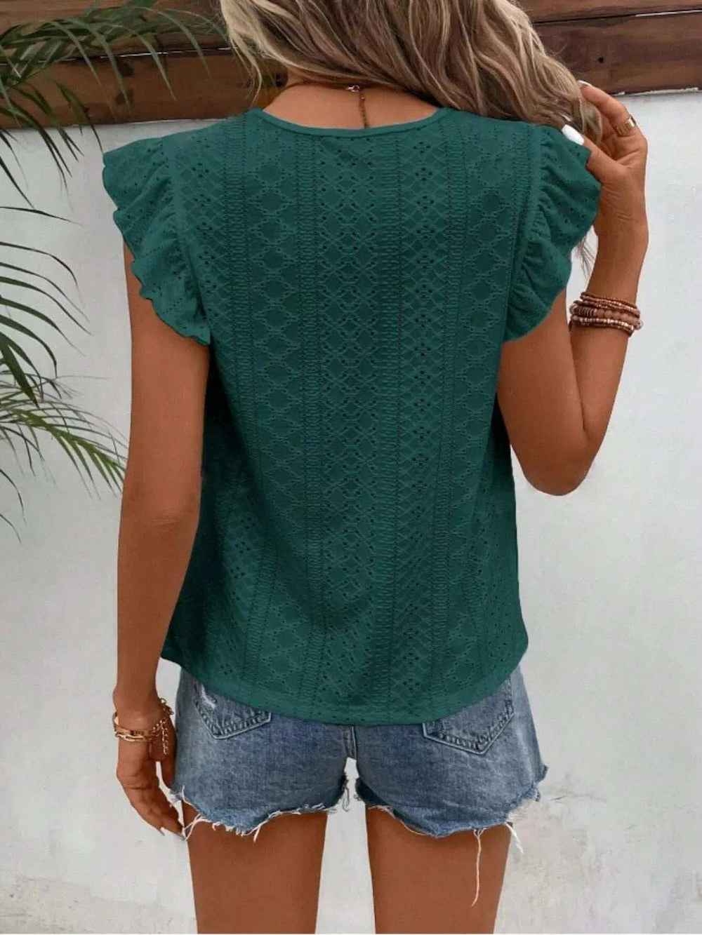 Eyelet Round Neck Cap Sleeve Top - Trendsi - Flyclothing LLC