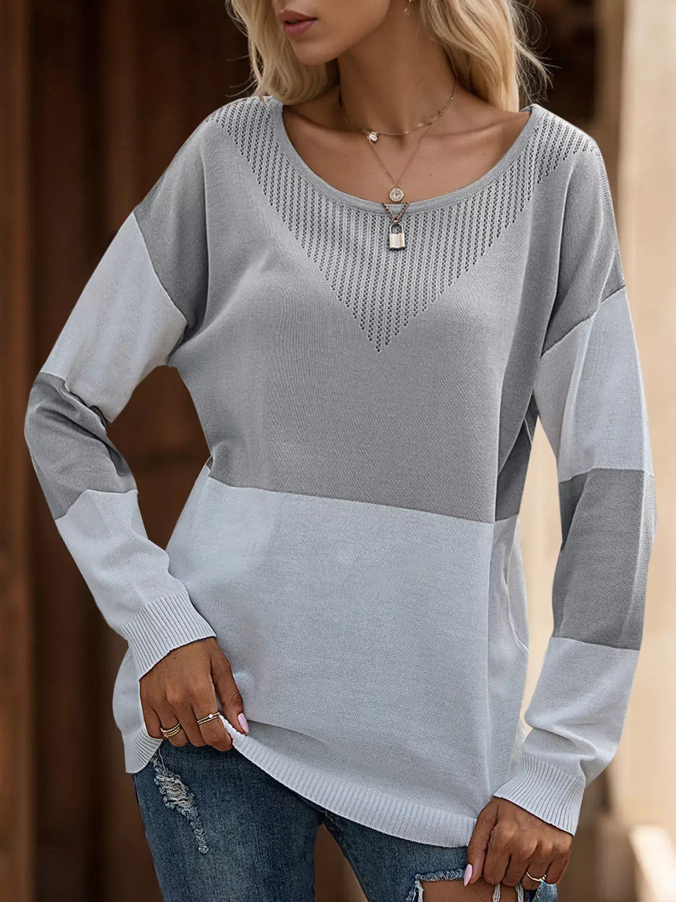 Color Block V-Neck Knit Top - Trendsi - Flyclothing LLC