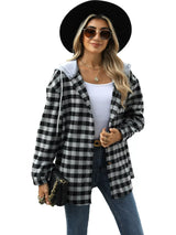 Plaid Button Up Long Sleeve Drawstring Hooded Jacket - Trendsi - Flyclothing LLC