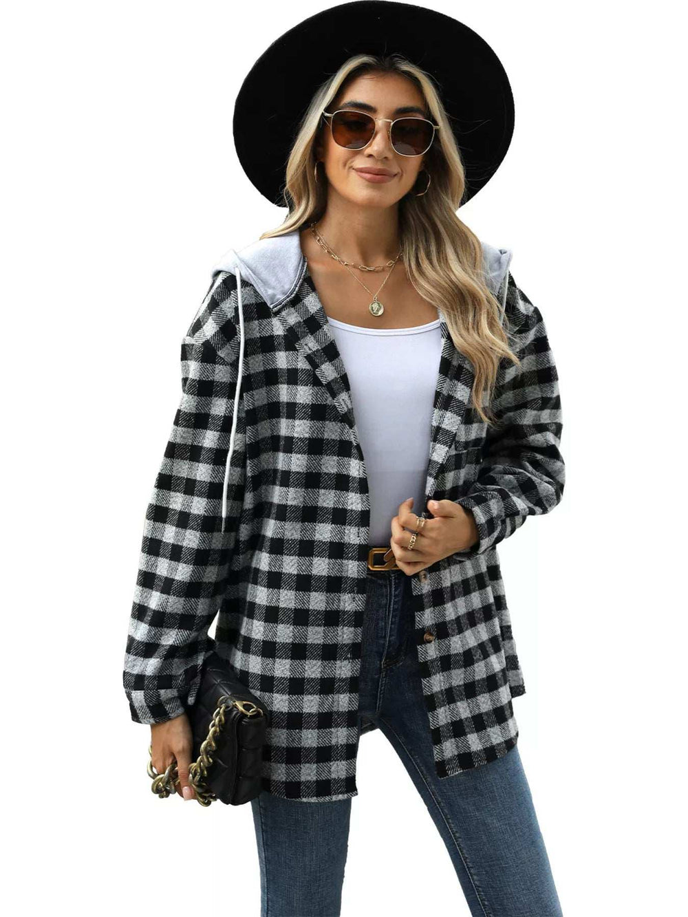 Plaid Button Up Long Sleeve Drawstring Hooded Jacket - Trendsi - Flyclothing LLC