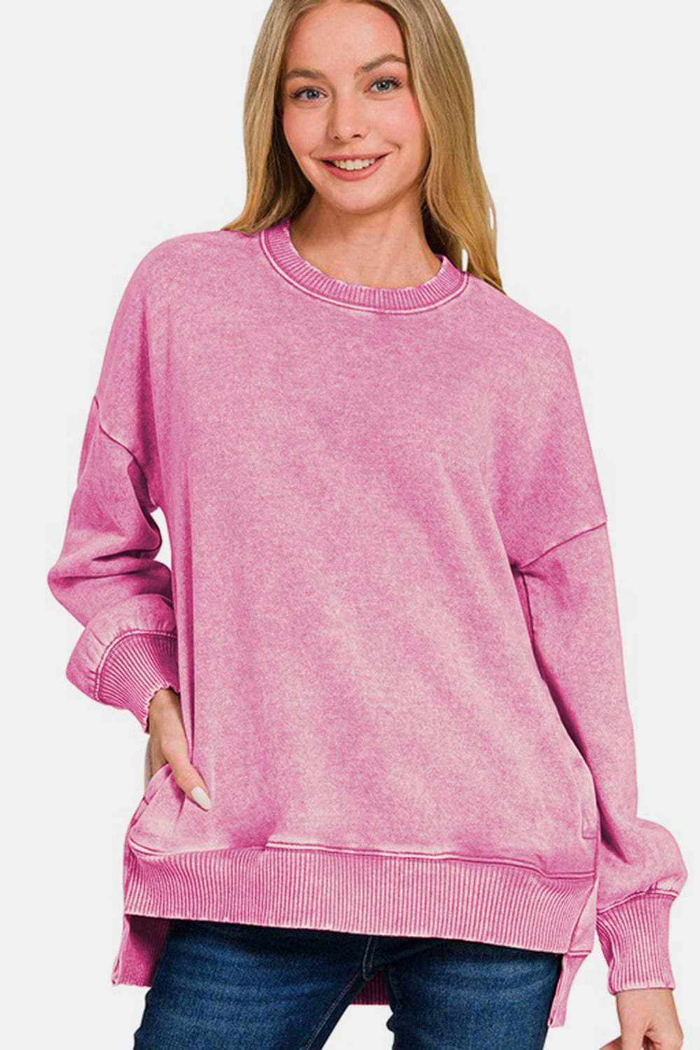 Zenana High-Low Acid Wash Fleece Sweatshirt - Trendsi - Flyclothing LLC