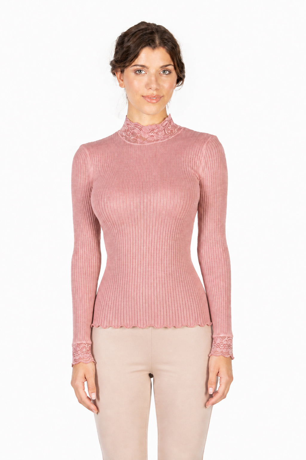 EGI Exclusive Collections Merino Wool Blend Top Mock Neck Lace Trim Long Sleeves. Proudly Made in Italy (304) - tittimitti - Flyclothing LLC