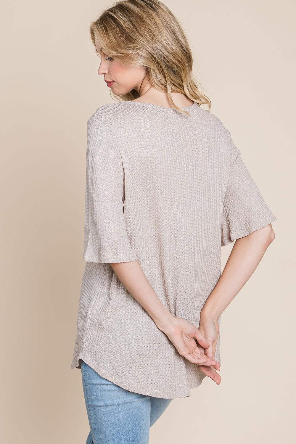 BOMBOM Round Neck Waffle Knit T-Shirt - Trendsi - Flyclothing LLC
