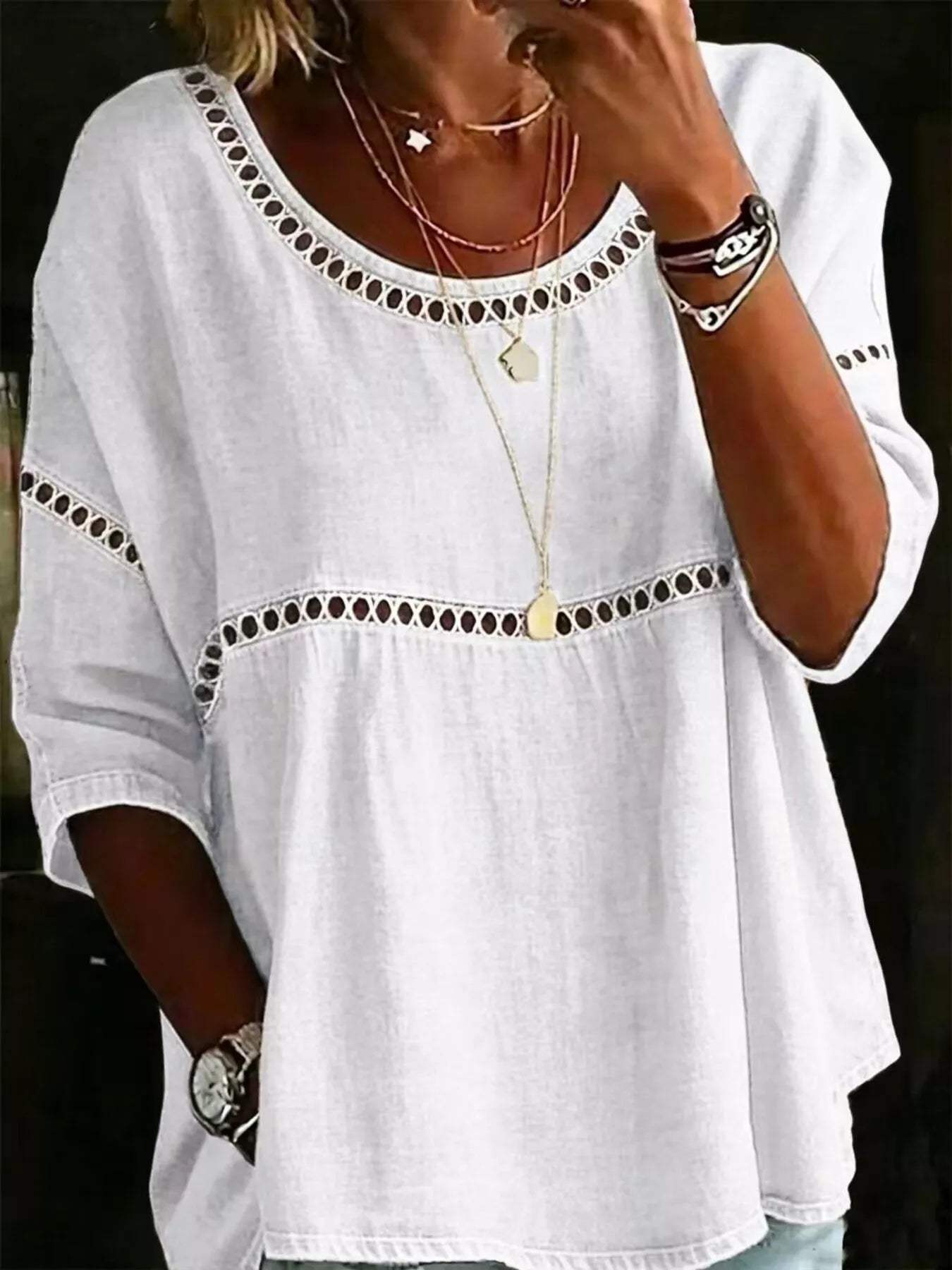 Full Size Hollow Out Round Neck Top Plus Size - Trendsi - Flyclothing LLC