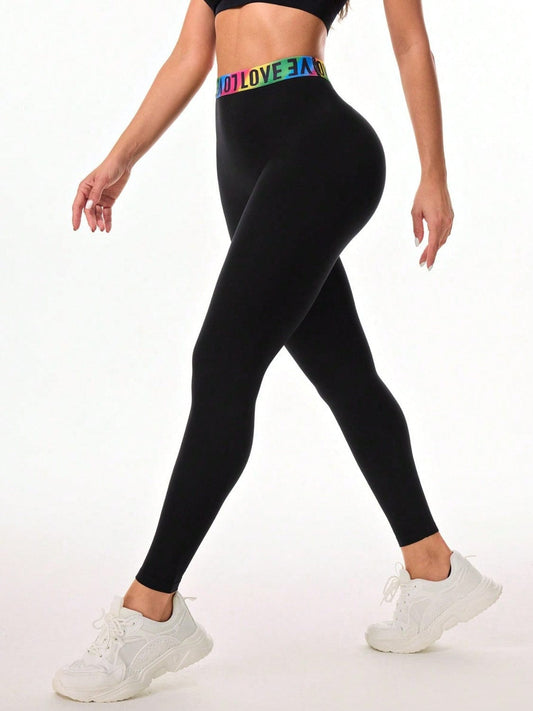 Letter Printed High Waist Active Leggings - Trendsi