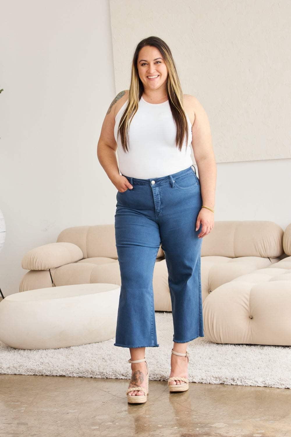 RFM Crop Chloe Full Size Tummy Control High Waist Raw Hem Jeans - Trendsi - Flyclothing LLC