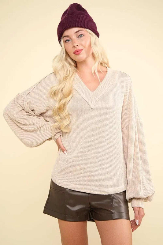 VERY J Two Tone Ribbed V-Neck Exposed Seam Top - Trendsi - Flyclothing LLC