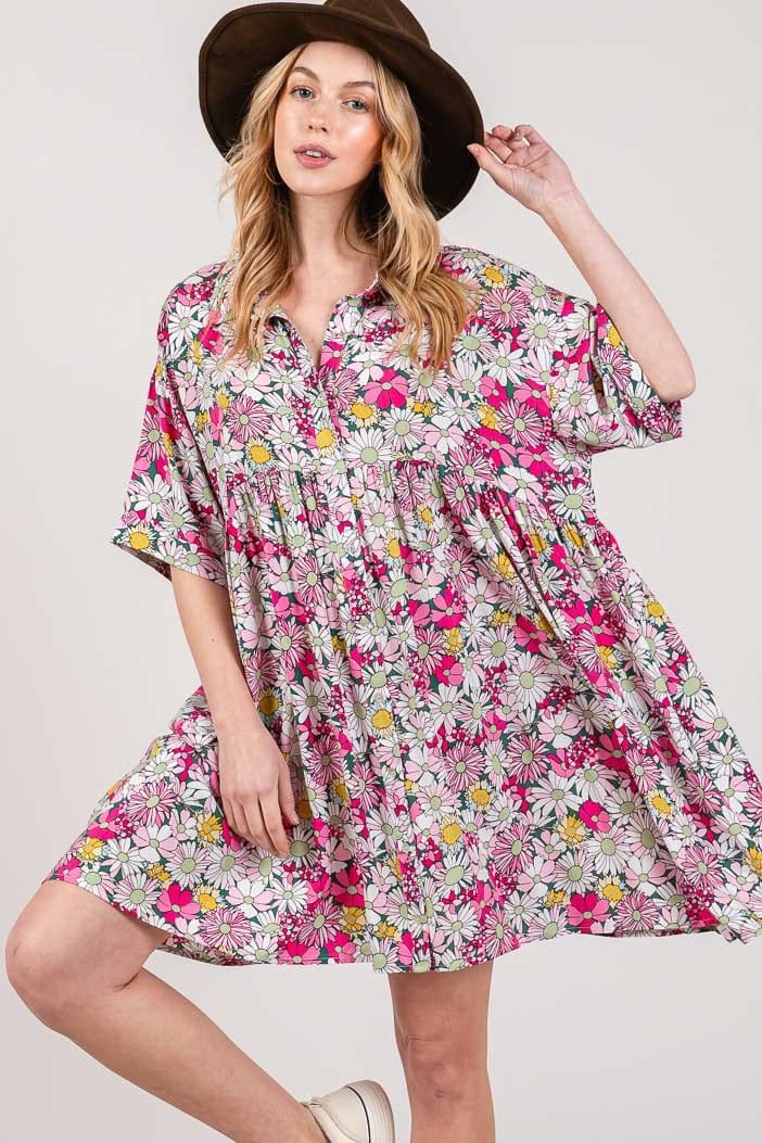 SAGE + FIG Floral Button Down Mini Shirt Dress - Trendsi