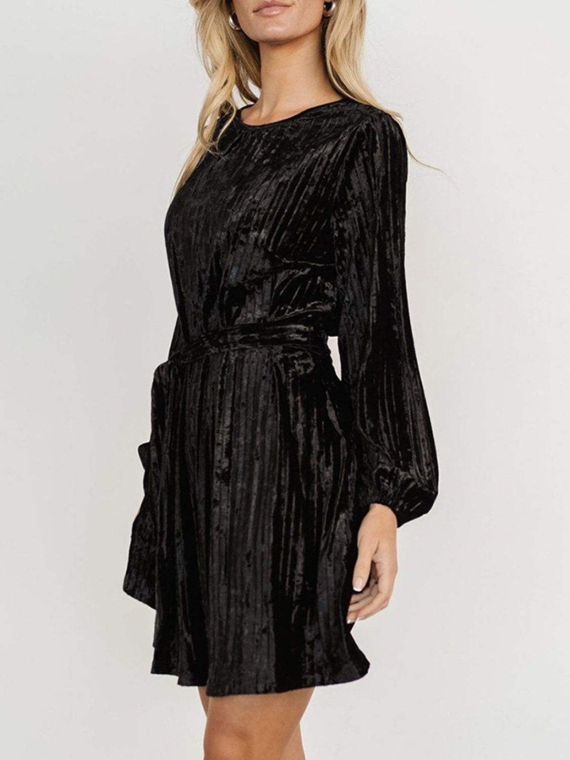 Velvet Round Neck Tie Waist Long Sleeve Mini Dress - Trendsi - Flyclothing LLC