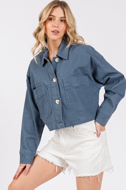 bytos Button Down Cropped Denim Jacket with Patch Pockets - Trendsi