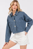 bytos Button Down Cropped Denim Jacket with Patch Pockets - Trendsi