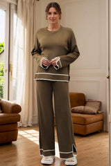 High-Low Round Neck Top and Pants Sweater Set - Trendsi - Flyclothing LLC