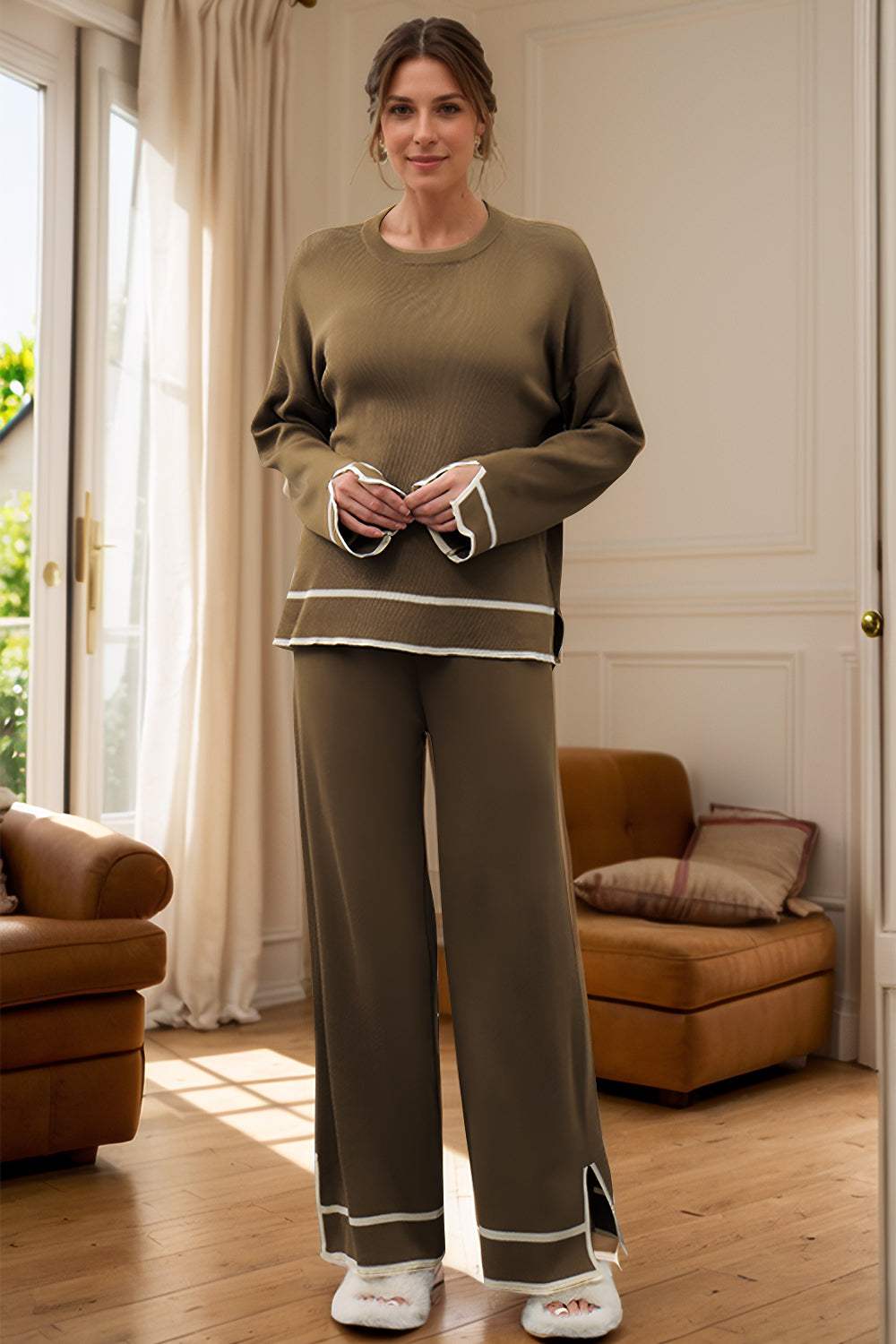 High-Low Round Neck Top and Pants Sweater Set - Trendsi - Flyclothing LLC
