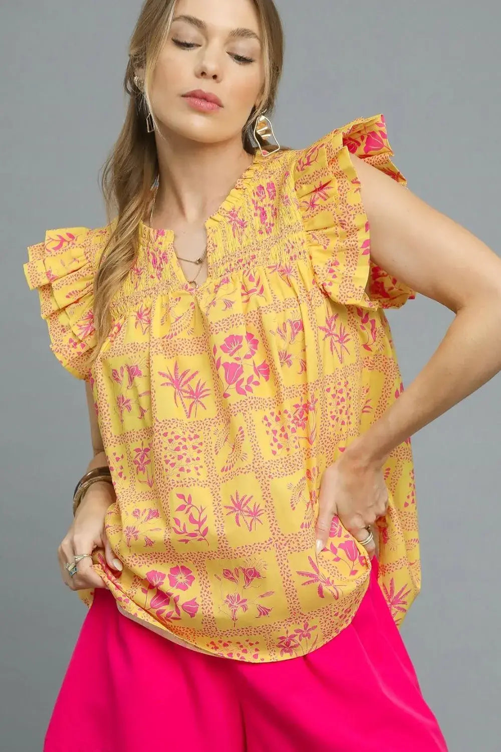 Umgee Printed Ruffle Cap Sleeve Blouse - Trendsi - Flyclothing LLC
