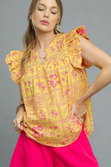 Umgee Printed Ruffle Cap Sleeve Blouse - Trendsi - Flyclothing LLC