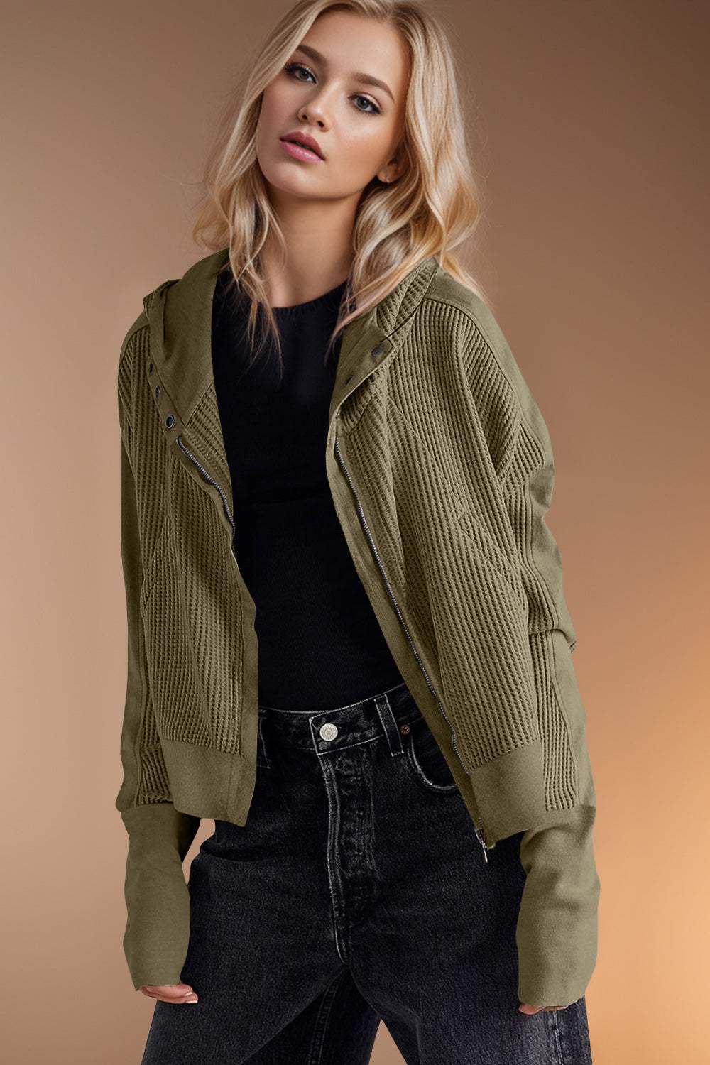 Double Take Waffle-Knit Zip Up Long Sleeve Hooded Jacket - Trendsi - Flyclothing LLC