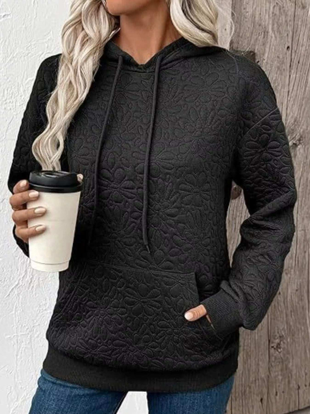 Textured Floral Quilted Hoodie - Trendsi - Flyclothing LLC