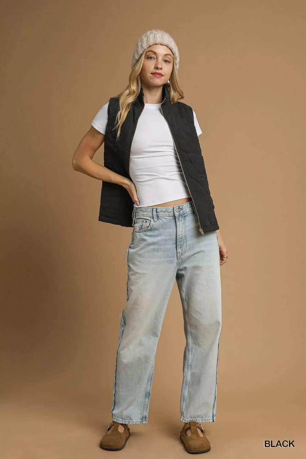 Umgee Quilted Floral Zip Up Vest with Pockets - Trendsi - Flyclothing LLC