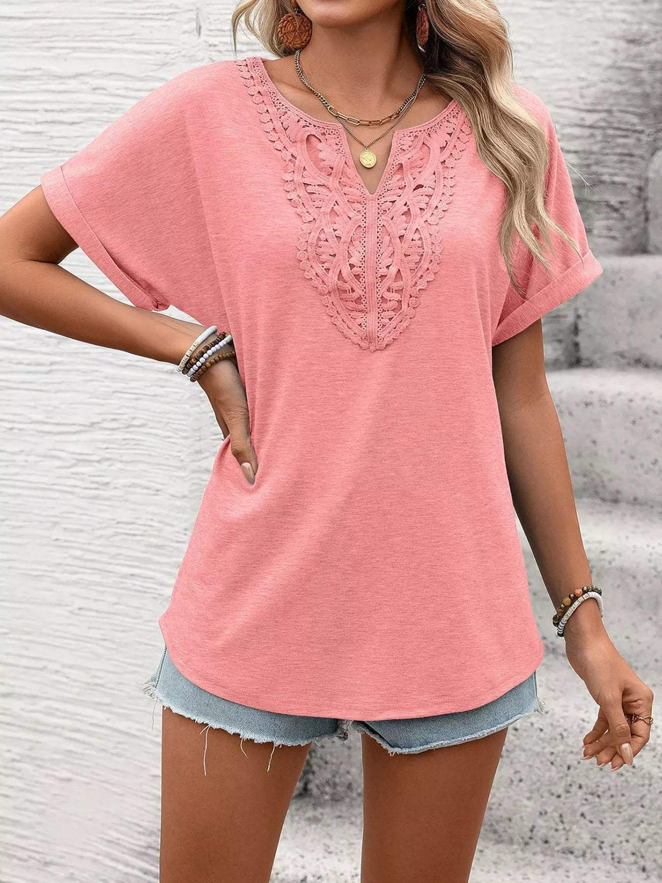 Lace Trim Short Sleeve T-Shirt - Trendsi - Flyclothing LLC