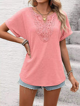 Lace Trim Short Sleeve T-Shirt - Trendsi - Flyclothing LLC