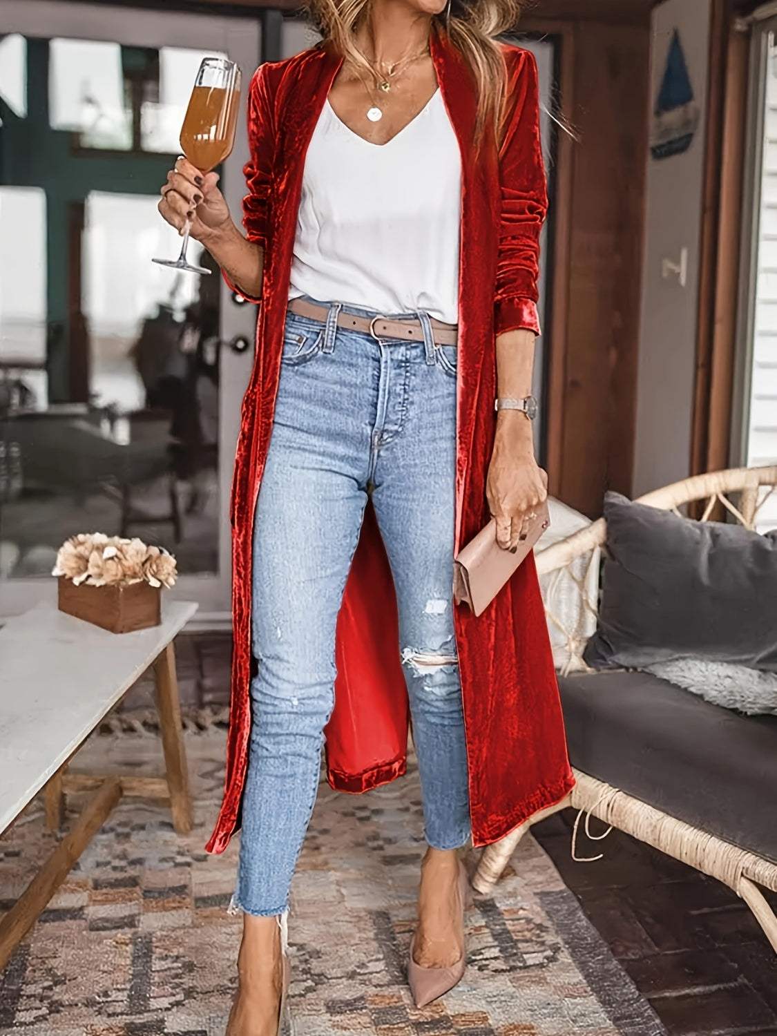 Open Front Long Sleeve Coat - Trendsi - Flyclothing LLC
