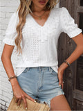 Eyelet Lace Detail V-Neck Flounce Sleeve Blouse - Trendsi
