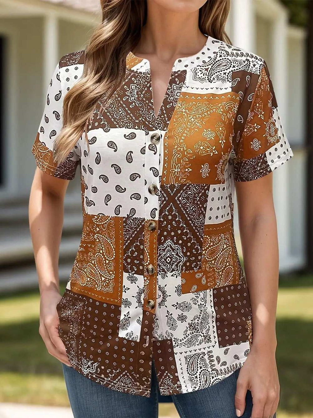 Printed Notched Short Sleeve Blouse - Trendsi - Flyclothing LLC
